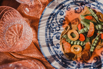 Close-up of a colorful vegetable dish with artistic presentation.