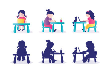 Set of child student at workplace and silhouettes. Little girl doing homework by read and writing on his desk. Schoolgirl sitting at table. Education, learning process.