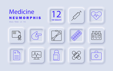 Medicine set icon. Syringe, heart monitor, test tubes, blood test, medication, prescription, bone scan, certificate, pills, medical report, health, healthcare, diagnosis, treatment, medical equipment.