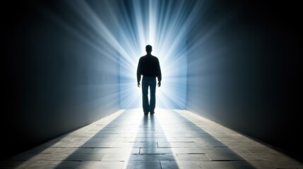 Mysterious silhouette in dimly lit hallway heading toward open door at end with streaming light.