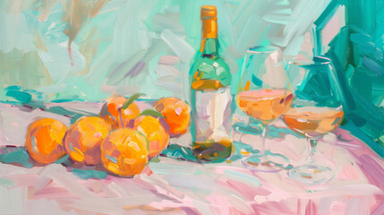 Fototapeta premium an oil painting of oranges, and a bottle of wine