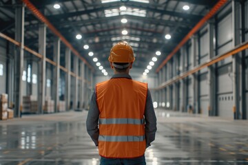 Rear view of male engineer wearing safety vest and hardhat in warehouse. This is a freight transportation and distribution warehouse. Industrial and industrial workers concept