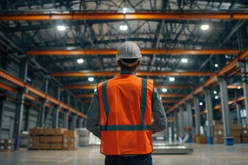 Rear view of male engineer wearing safety vest and hardhat in warehouse. This is a freight transportation and distribution warehouse. Industrial and industrial workers concept