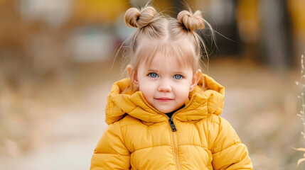 Fototapeta premium Adorable girl with blonde pigtails in a jacket, standing against an autumn backdrop.