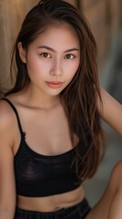 Stunning black top crop full body photo of Asian woman with long legs, brown hair, fair skin, and exquisite face.