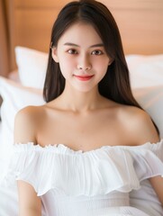 Obraz premium A cute yearold Chinese woman with a chubby build sitting on a bed, in Kawaii style, smiling genuinely.