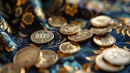 A traditional Hanukkah gelt coins scattered a festive tablecloth.