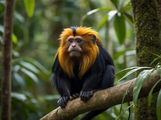 Golden-headed lion tamarin monkeys in Brazilian rainforest. Wildlife safari in South American jungles