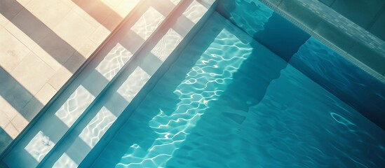 Wooden floor with swimming pool on sunny day,concept of vacation at hotel or house,outdoor garden.