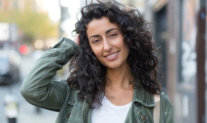 Fototapeta premium Portrait of a young woman smiling. AI.