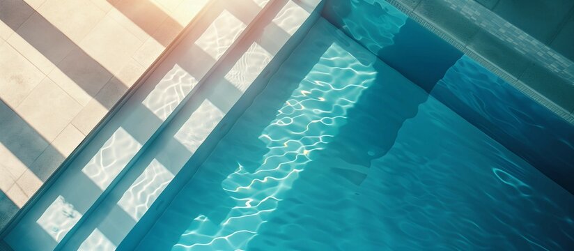 Wooden floor with swimming pool on sunny day,concept of vacation at hotel or house,outdoor garden.