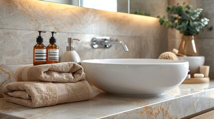 Modern Bathroom Vanity with Towels, Sink, and Soaps