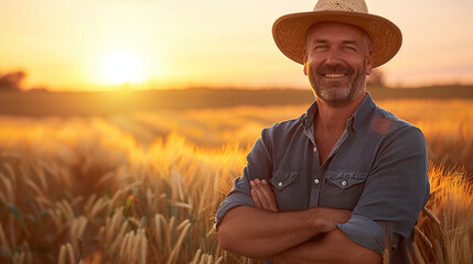 Fototapeta premium portrait of happy middle aged farmer standing in golden wheat field at sunset