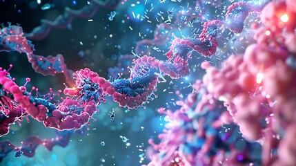 An artistic rendering of gene editing technology at work, with CRISPR-Cas9 molecules precisely targeting specific sequences of DNA for modification, revolutionizing genetic research