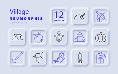 Village set icon. Farm tools, barn, apple, scarecrow, windmill, pumpkin, garden, rural, farming, agriculture, harvest, country, farm life, countryside, produce, cultivation, gardening, village life