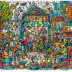 Fototapeta premium Doodle Art Cartoon of Cozy Café
