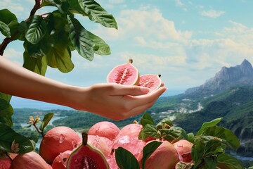 
Hands peeling a guava with a scenic background