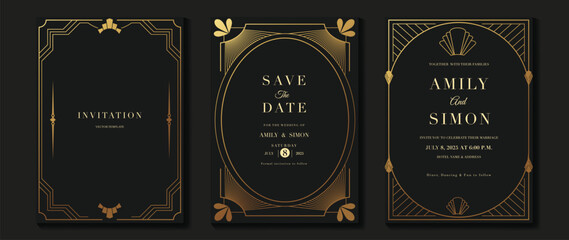 Luxury wedding invitation card vector. Elegant art deco classic antique design, gold lines gradient, frame on dark background. Premium design illustration for gala, grand opening, VIP cover.