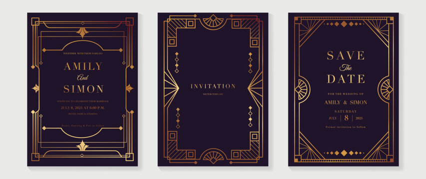 Luxury wedding invitation card vector. Elegant art deco classic antique design, gold lines gradient, frame on dark purple background. Premium design illustration for gala, grand opening, VIP cover.