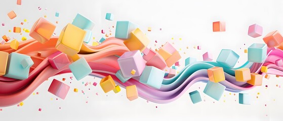Vibrant abstract 3D cubes mixed with flowing ribbons on a seamless white background, creating dynamic and colorful visual effects.