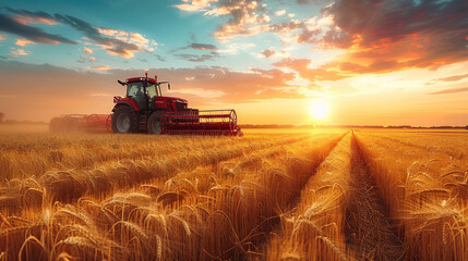 Obraz premium A red heavy truck and tractor working in the field at sunset