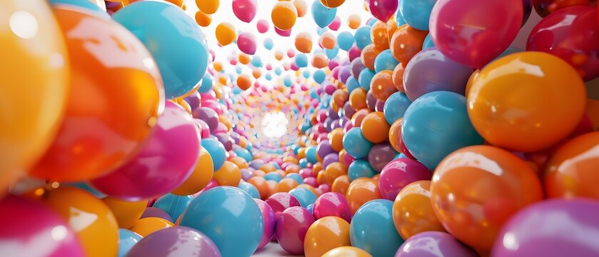 Vibrant tunnel of colorful balloons, creating a playful and energetic atmosphere perfect for party and celebration themes.