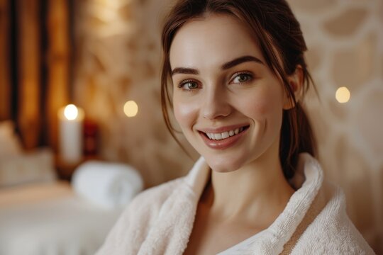 A radiant woman showcasing spa services with a smile, set in a peaceful and elegant spa setting complete with soft music and warm lighting.