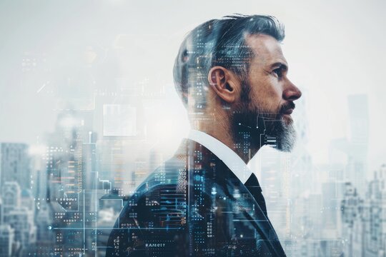 Double exposure of a businessman and a digital futuristic background on a plain backdrop, with ample copy space. The image conveys modern technology and business trends.