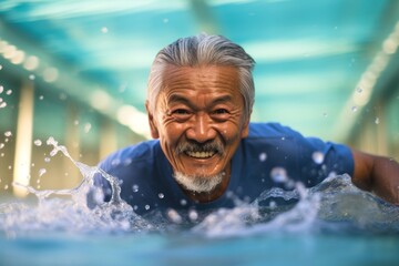 Fototapeta premium A 70-year-old Asian man swimming in an outdoor pool, escaping the extreme heat