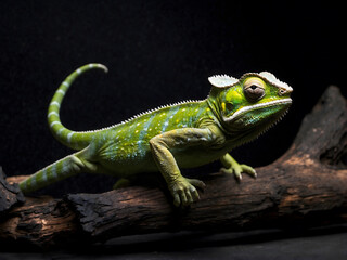 Fototapeta premium Vibrant Close-Up of a Green Color Chameleon sitting on dark color wood, dark background