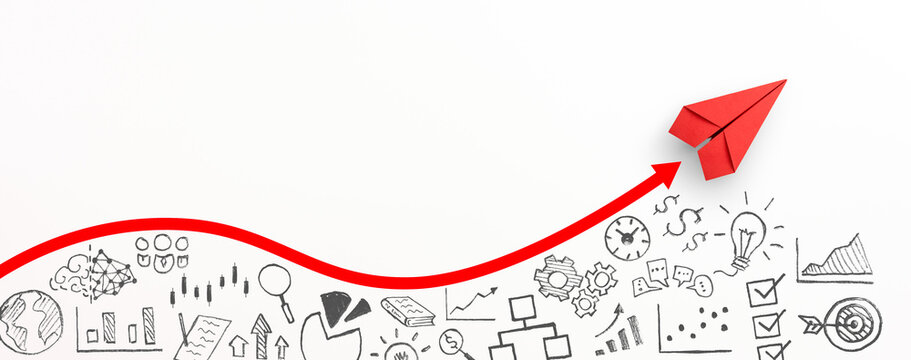 Red paper plane with red arrow and business strategy on white background, Business success, innovation and solution concept