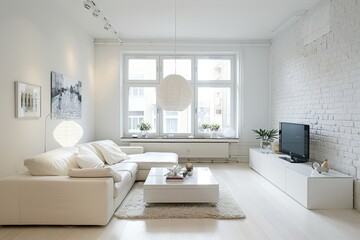 Fototapeta premium Minimalist white living room with cozy furniture, simple decor, and bright ambiance