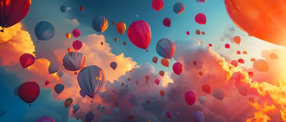 A vibrant sunset sky filled with numerous colorful hot air balloons floating among pink and orange clouds.