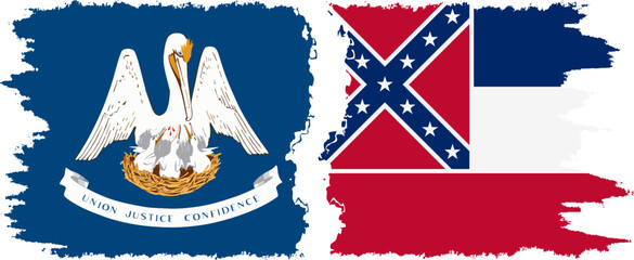 Mississippi and Louisiana states grunge brush flags connection, vector