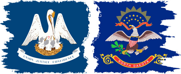 North Dakota and Louisiana states grunge brush flags connection, vector
