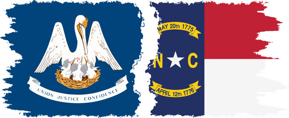 North Carolina and Louisiana states grunge brush flags connection, vector
