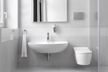 Simple and modern white bathroom with a white sink and minimal fixtures, showcasing minimalism.
