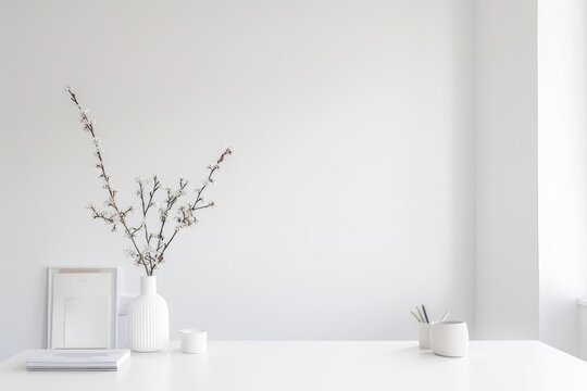 Clean and uncluttered white office space with a white desk and minimalistic decor, promoting focus.