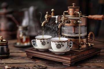 A steampunk-inspired tea time scene with a fantastical brass tea machine and intricate details.