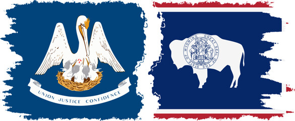Wyoming and Louisiana states grunge brush flags connection, vector