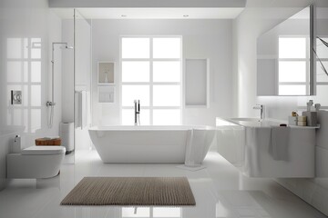 Spacious and bright white bathroom with modern fittings and minimal decor