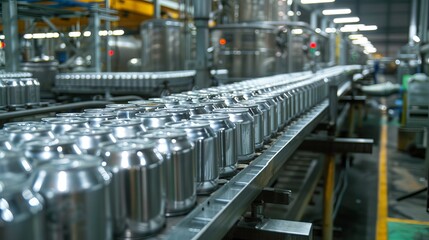 A conveyor line manufacturing aluminum cans for beverages at a high-tech plant in Shymkent, Kazakhstan, equipped with advanced machinery for the food industry.