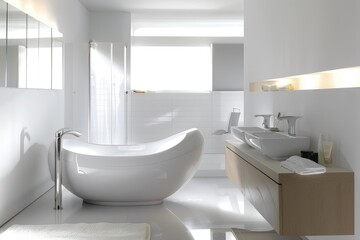 Minimalist white bathroom with a clean design and sleek fixtures