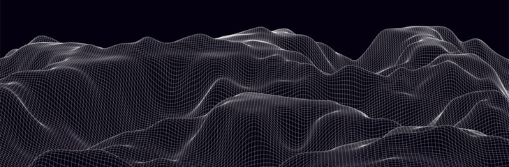 Wireframe landscape. Futuristic 3d mesh background. Digital hills technology. Vector illustration.