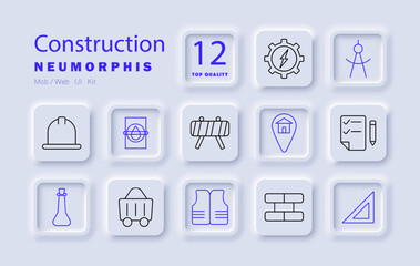 Construction set icon. Helmet, blueprints, tools, construction site, building, safety gear, engineering, architecture, construction equipment, hard hat, bricks, safety vest, construction plans.