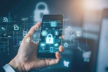 Hand holding smartphone, multi-factor authentication icons overlay, high-tech security background