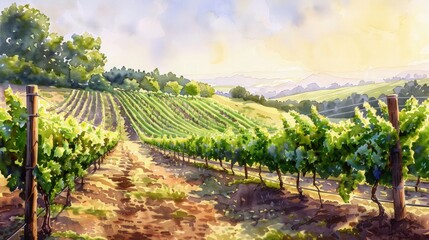 Obraz premium A scenic view of rolling vineyards in watercolor, the rows of grapevines a vibrant green against the soft hues of the soil and sky, suggesting an early morning light.
