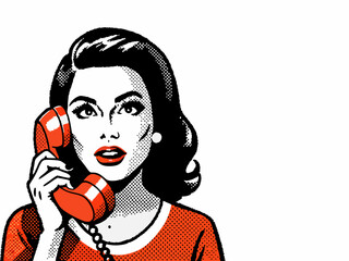 beautiful woman chatting on the retro phone pop art comic illustration style