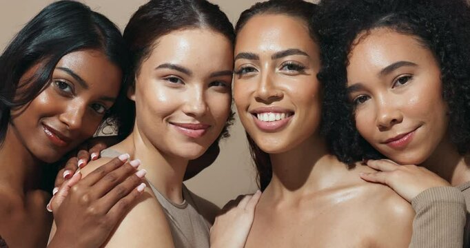 Face, girls and diversity for beauty, skincare and wellness with multicultural, inclusion for cosmetics. Female people, healthy skin and happy with results, glow for dermatology in studio background