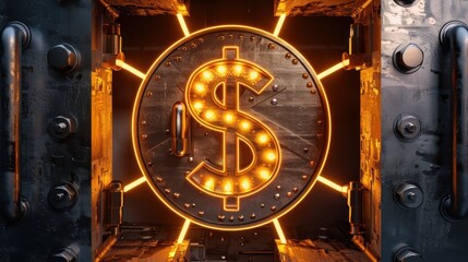 Conceptual photography of a golden dollar sign glowing on a steel vault door, symbolizing financial security and prosperity. The neon lights make the dollar sign stand out against the dark, robust